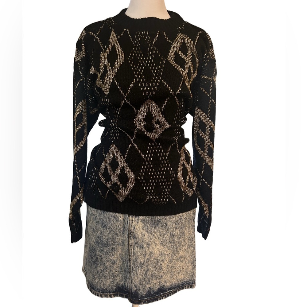 VTG 80s geometric metallic diamond knit oversized grandpa crewneck sweater LG